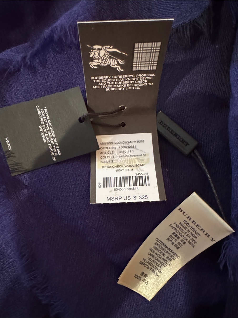 Burberry Blue & Purple Mega Check Wool Scarf Wrap 100cm x 100cm - NWT - Picture 2 of 10
